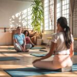 Group of people in a yoga class, with the instructor seated at the front and the participants meditating in a calm, well-lit environment.